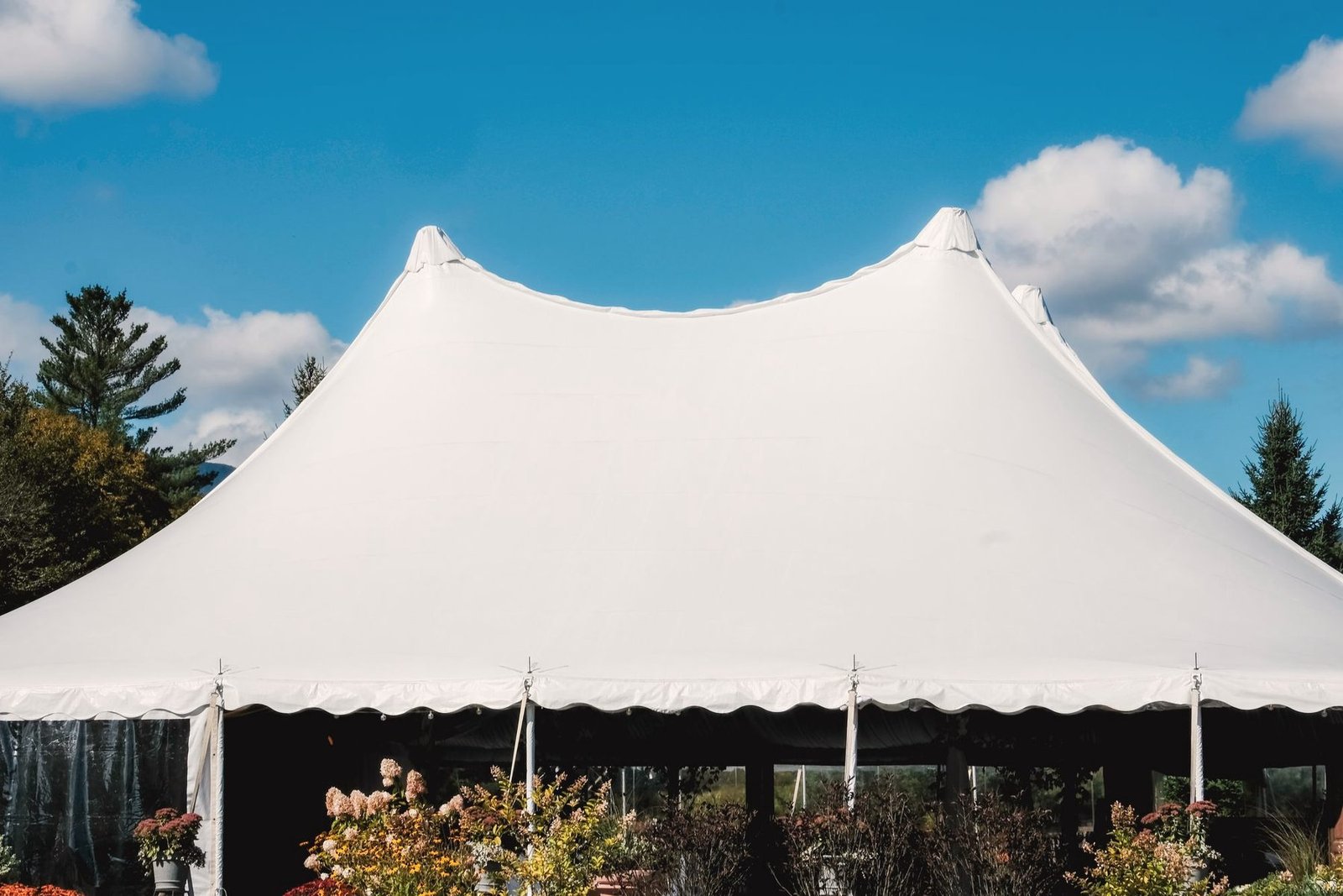Large white pole tent raised on grass under a blue sky.
